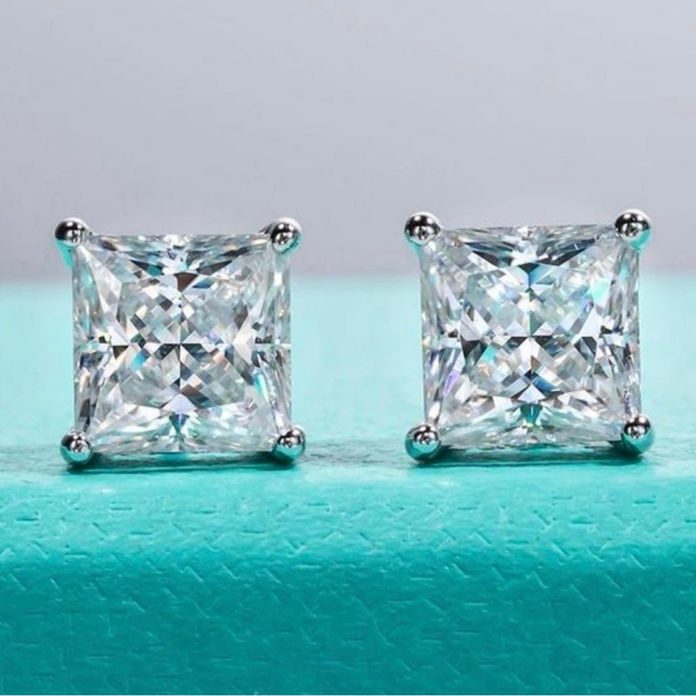 1.50 ct Genuine Moissanite Diamond Princess Cut Stud Earrings